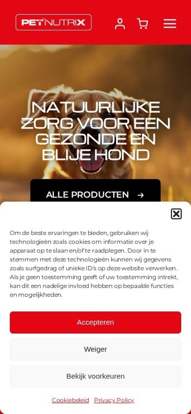 Website van Petnutrix op een gsm